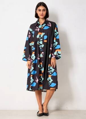 Robe mi-longue imprimé fantaisie manches longues noir NESLAY femme