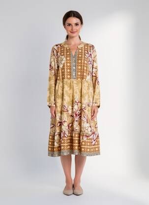 Robe mi-longue imprimé fantaisie manches longues beige WORLD FASHION femme