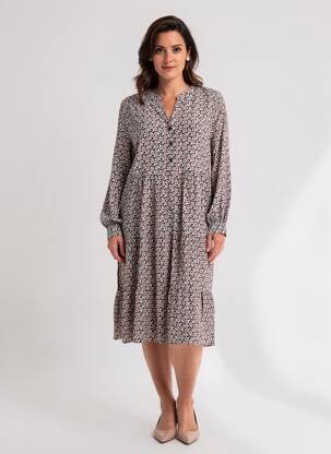 Robe mi-longue imprimé fantaisie manches longues noir WORLD FASHION femme
