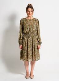 Robe mi-longue imprimé fleurs manches longues vert C'EST BEAU LA VIE femme