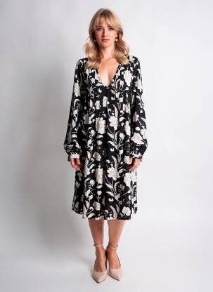Robe mi-longue coupe fluide manches longues noir ICHI femme
