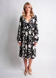 Robe mi-longue coupe fluide manches longues noir ICHI femme