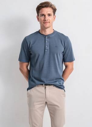 T-shirt col tunisien manches courtes bleu MUSTANG homme