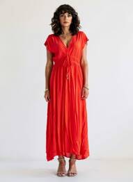 Robe longue manches courtes manches courtes rouge CREAM femme