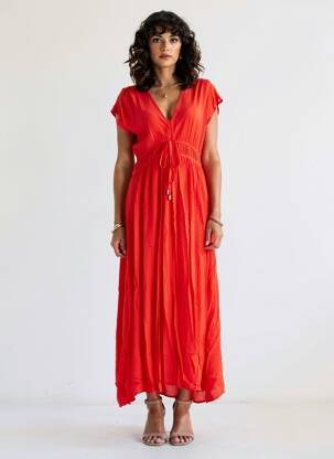 Robe longue manches courtes manches courtes rouge CREAM femme