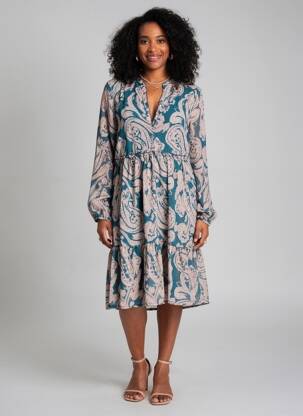 Robe mi-longue coupe fluide manches longues vert LILIE ROSE femme