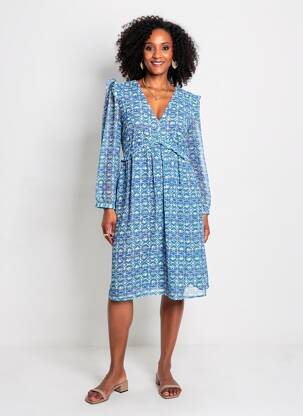 Robe mi-longue coupe fluide manches longues bleu MAJOLICA femme
