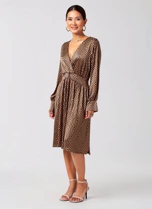 Robe mi-longue coupe fluide manches longues marron A BELLE femme