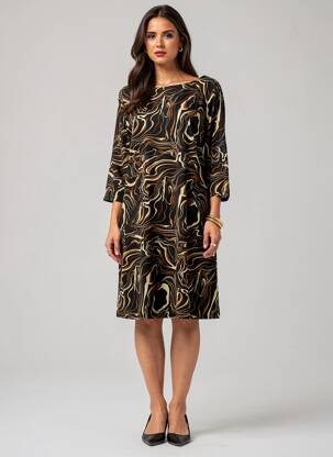 Robe mi-longue imprimé fantaisie manches longues noir VEGAS femme
