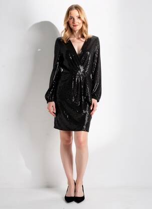 Robe mi-longue manches longues manches longues noir LILIE ROSE femme