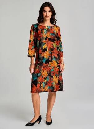 Robe mi-longue imprimé fantaisie manches longues noir VEGAS femme