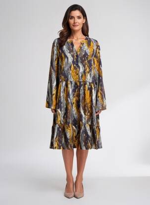 Robe mi-longue coupe fluide manches longues jaune WORLD FASHION femme