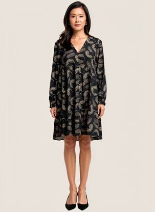 Robe mi-longue coupe fluide manches longues noir BY ONE femme