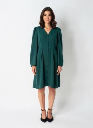 Robe mi-longue coupe fluide manches longues vert EMI-JO femme