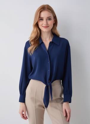 Chemisier tissage crêpe manches longues bleu IKOONE&BIANKA femme