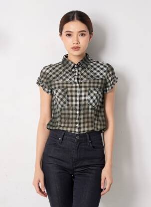 Chemisier coupe cintrée manches courtes noir GUESS femme