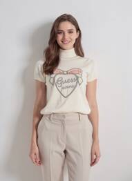 Pull col roulé coupe cintrée manches courtes beige GUESS femme