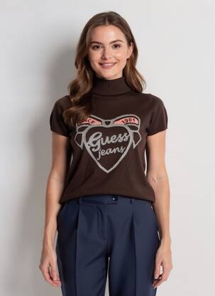 Pull col roulé coupe cintrée manches courtes marron GUESS femme
