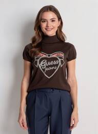 Pull col roulé coupe cintrée manches courtes marron GUESS femme