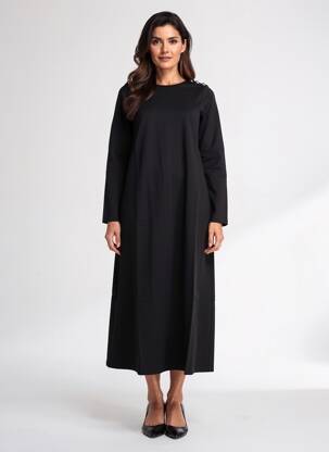 Robe longue tissage popeline manches longues noir BLANC BOHEME femme
