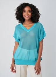 Pull maille ajourée manches courtes bleu MOMONI femme