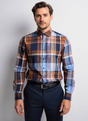 Chemise manches longues imprimé carreaux bleu OLYMP homme