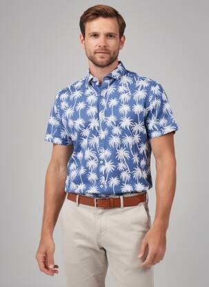 Chemise manches courtes imprimé fantaisie bleu CARNET DE VOL homme