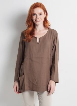 Blouse col rond manches longues marron BLANC BOHEME femme