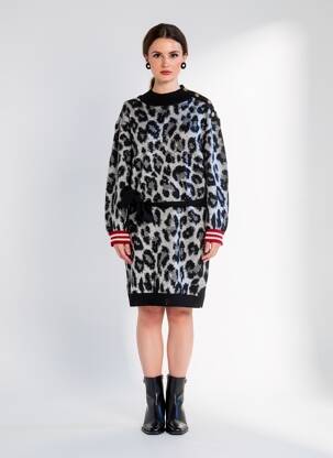 Robe mi-longue imprimé fantaisie manches longues noir K-DESIGN femme