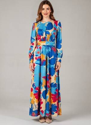 Robe longue manches longues manches longues bleu LA CROISETTE femme