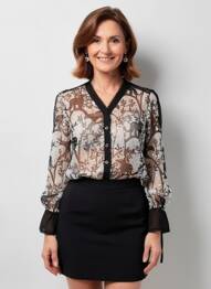 Chemisier imprimé fleurs manches longues noir FRED SABATIER femme