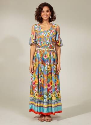 Robe longue tissage popeline manches courtes bleu PAUL BRIAL femme