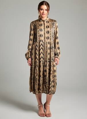Robe mi-longue imprimé fantaisie manches longues beige LAST QUEEN femme