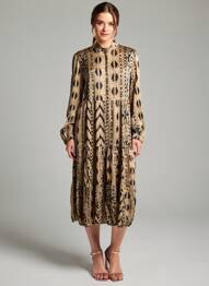 Robe mi-longue imprimé fantaisie manches longues beige LAST QUEEN femme
