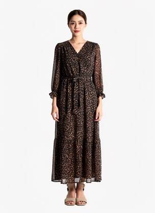 Robe mi-longue coupe fluide manches longues noir EMMA ELLA femme