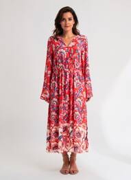 Robe longue imprimé fantaisie manches longues rouge C'EST BEAU LA VIE femme
