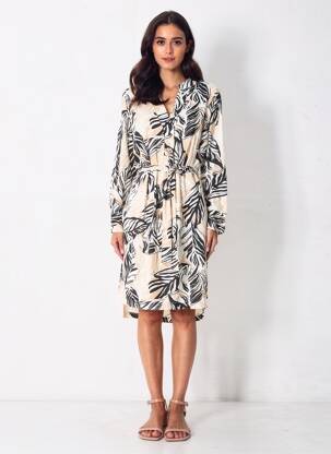 Robe mi-longue imprimé fantaisie manches longues beige AKOZ DE TOI femme