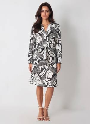 Robe mi-longue imprimé fantaisie manches longues noir AKOZ DE TOI femme