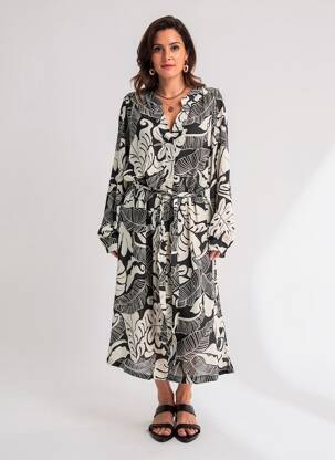 Robe mi-longue imprimé fantaisie manches longues noir NOUGAT femme