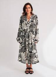 Robe mi-longue imprimé fantaisie manches longues noir NOUGAT femme