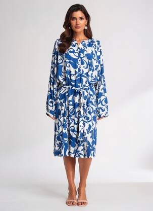 Robe mi-longue imprimé fantaisie manches longues bleu NOUGAT femme