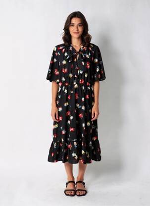 Robe mi-longue imprimé fantaisie manches courtes noir RALPH LAUREN femme