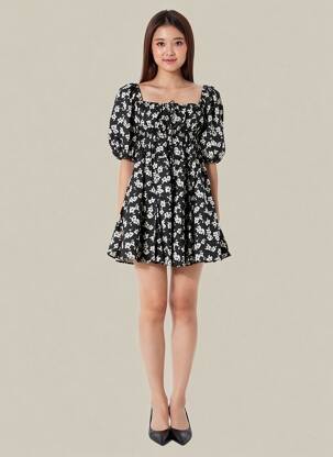 Robe courte coupe évasée manches courtes noir RALPH LAUREN femme