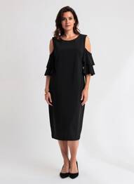 Robe mi-longue tissage crêpe manches courtes noir JOSEPH RIBKOFF femme