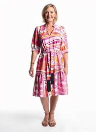 Robe mi-longue imprimé fantaisie manches courtes rose LESLIE femme