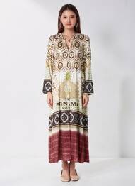 Robe longue tissage popeline manches longues marron GRACE femme