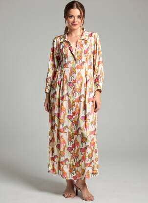 Robe longue imprimé fantaisie manches 3/4 orange YESS. femme