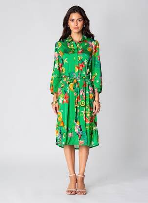 Robe mi-longue imprimé fleurs manches longues vert YESS. femme