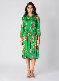 Robe mi-longue imprimé fleurs manches longues vert YESS. femme