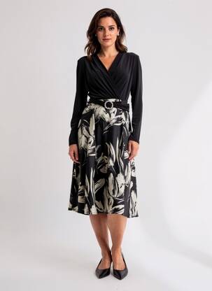Robe mi-longue imprimé fleurs manches longues noir JOSEPH RIBKOFF femme